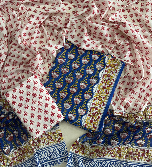 Traditional Hand printed cotton suit with cotton Dupatta