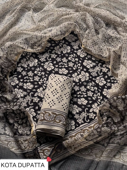 Designer Handblock printed cotton suit with kota doriya dupatta