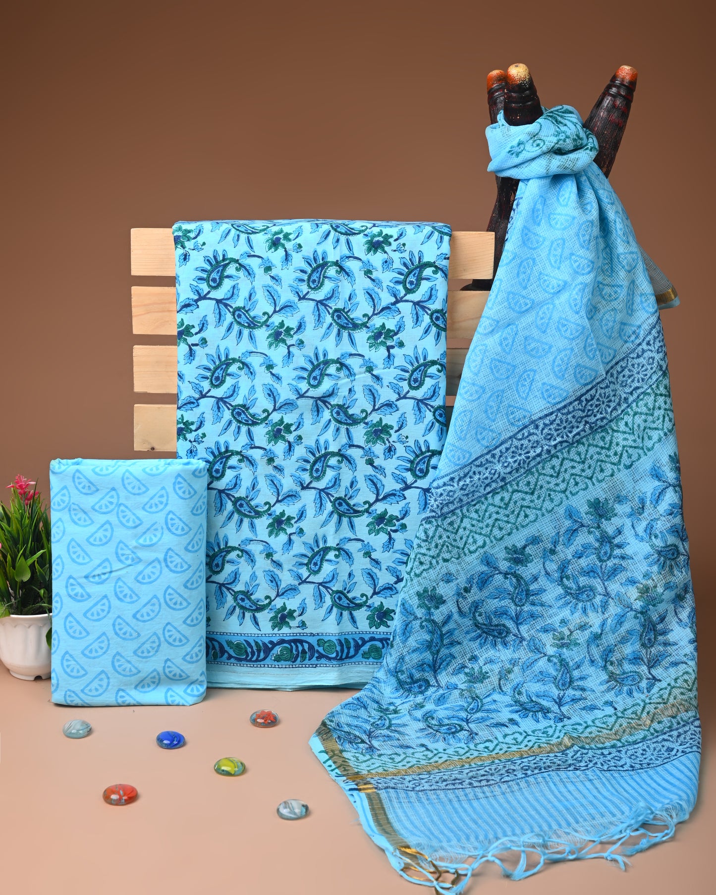 Designer Handblock printed cotton suit with kota doriya dupatta