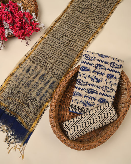 Designer hand block printed cotton suit with kota doriya dupatta
