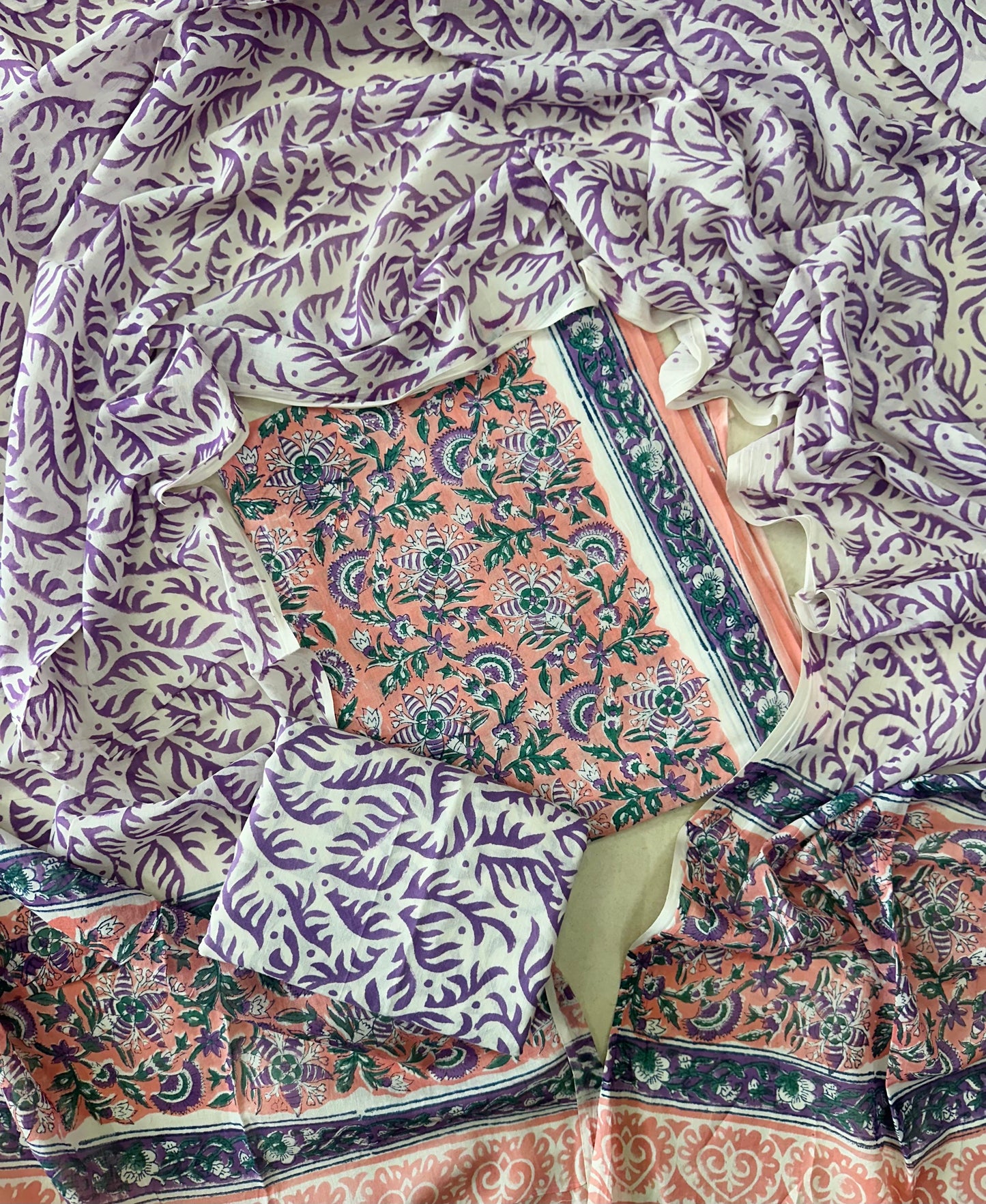 Traditional Hand printed cotton suit with cotton Dupatta