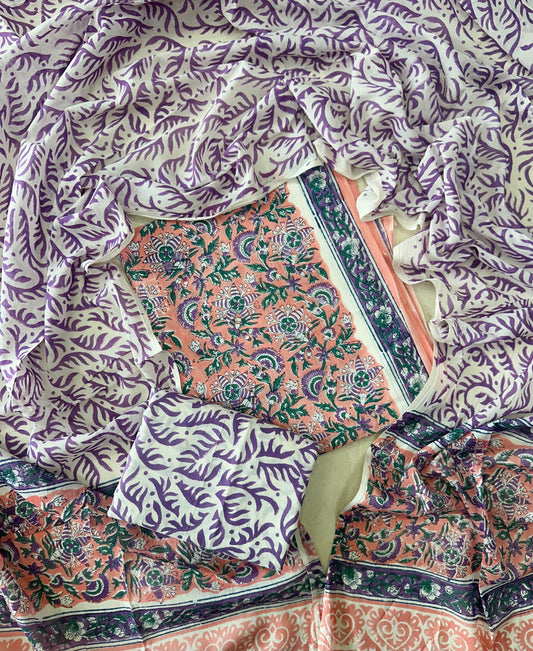 Traditional Hand printed cotton suit with cotton Dupatta