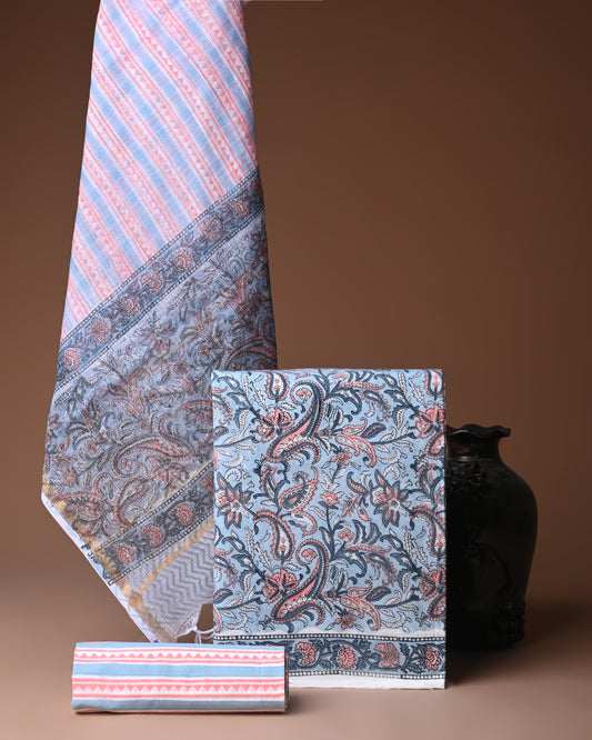 Designer Handblock printed cotton suit with kota doriya dupatta
