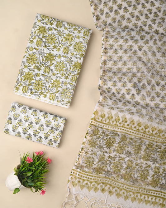 Designer Handblock printed cotton suit with kota doriya dupatta