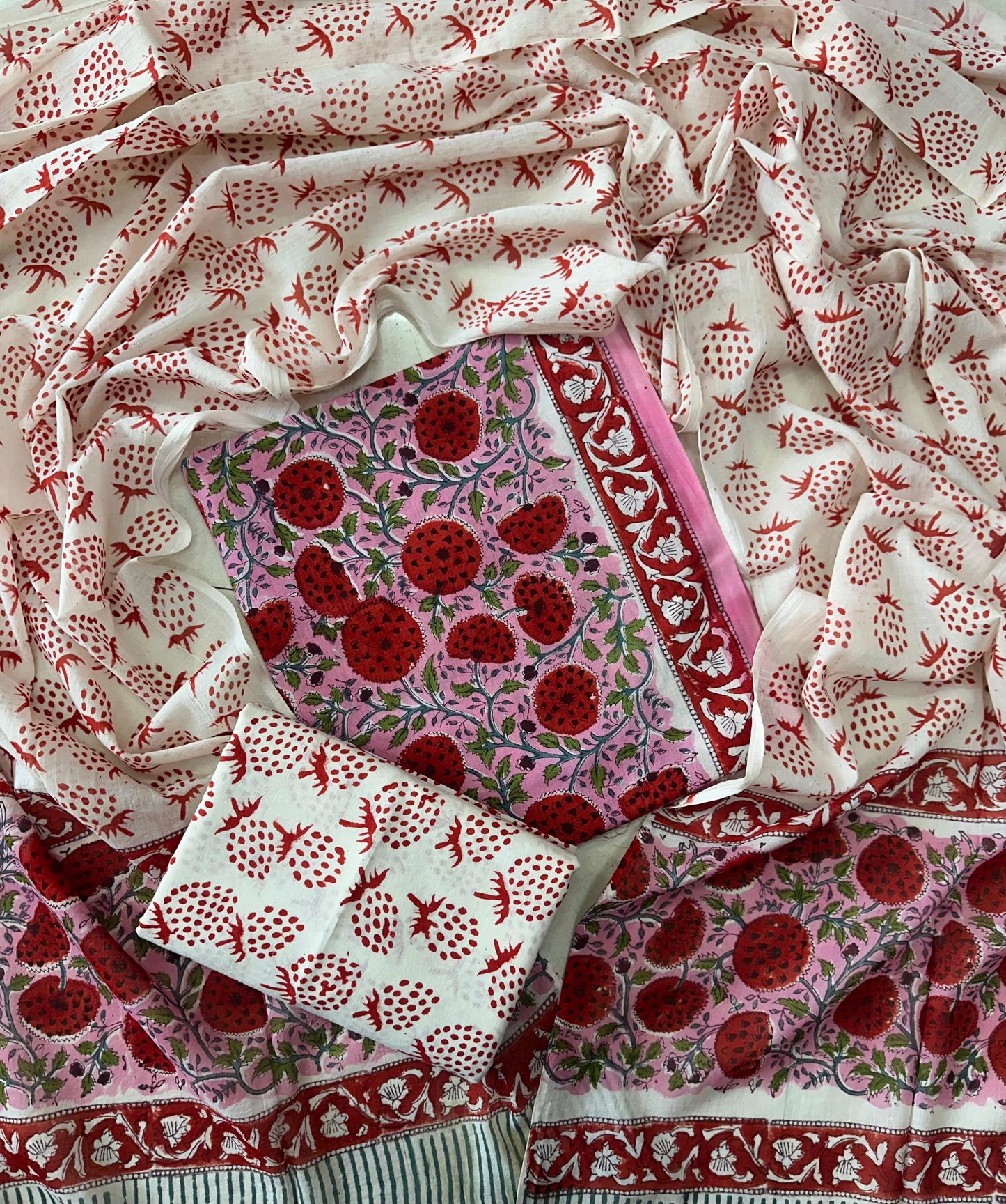 Traditional Hand printed cotton suit with cotton Dupatta