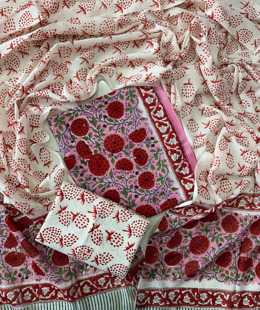 Traditional Hand printed cotton suit with cotton Dupatta