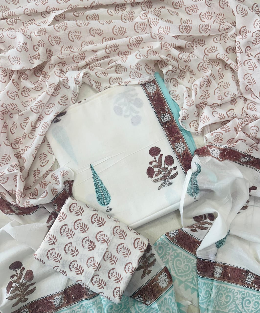 Traditional Hand printed cotton suit with cotton Dupatta