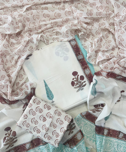 Traditional Hand printed cotton suit with cotton Dupatta