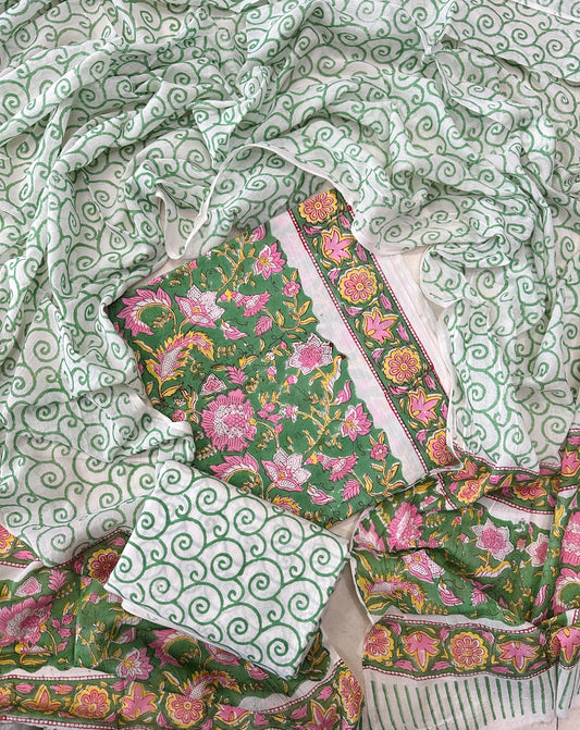 Traditional Hand printed cotton suit with cotton Dupatta