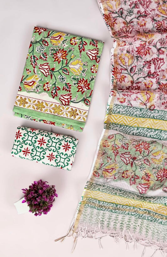 Designer Handblock printed cotton suit with kota doriya dupatta