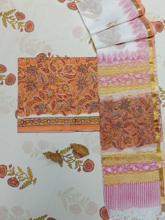 Designer Handblock printed cotton suit with kota doriya dupatta