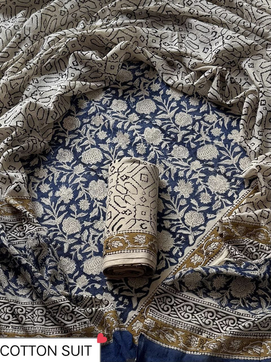 Traditional Hand printed cotton suit with malmal Dupatta