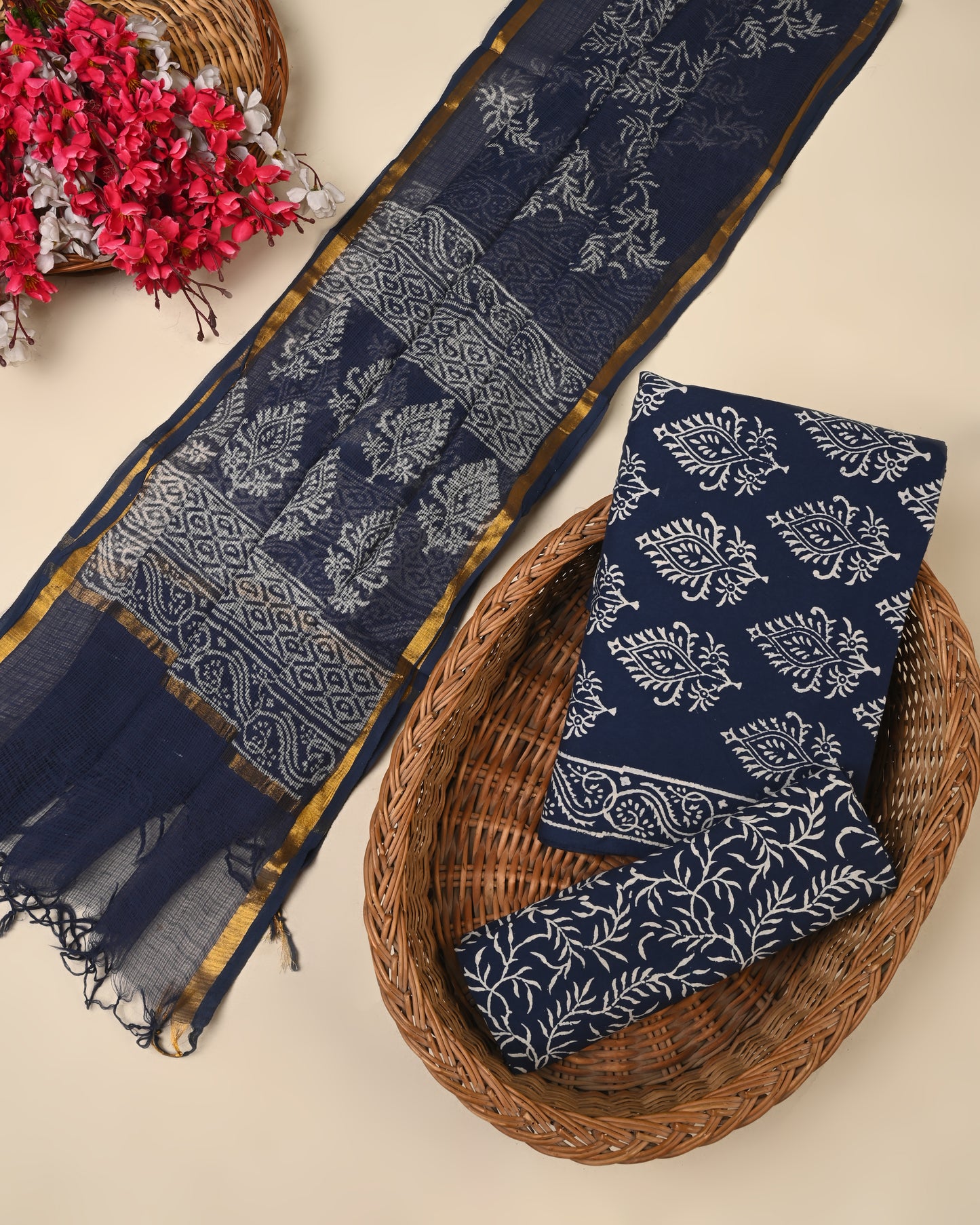 Designer Handblock printed cotton suit with kota doriya dupatta