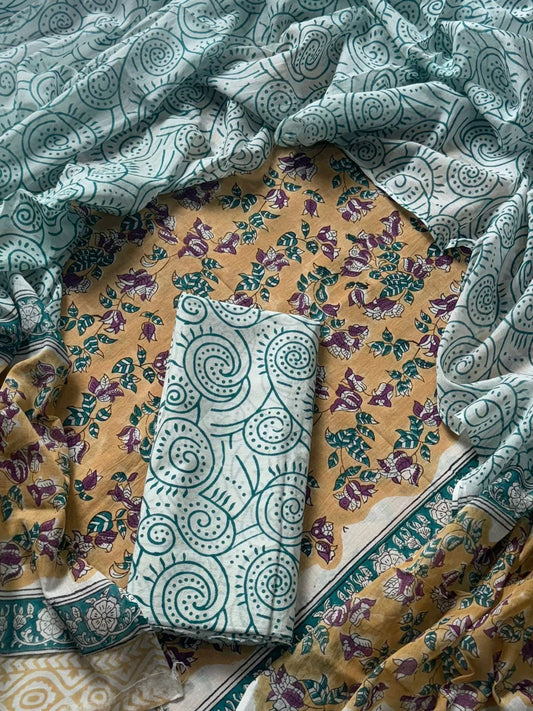 Traditional Hand printed cotton suit with cotton Dupatta