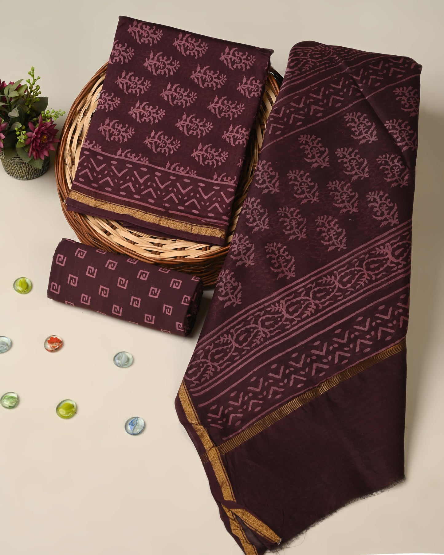 Hand block printed  Chanderi Silk suit