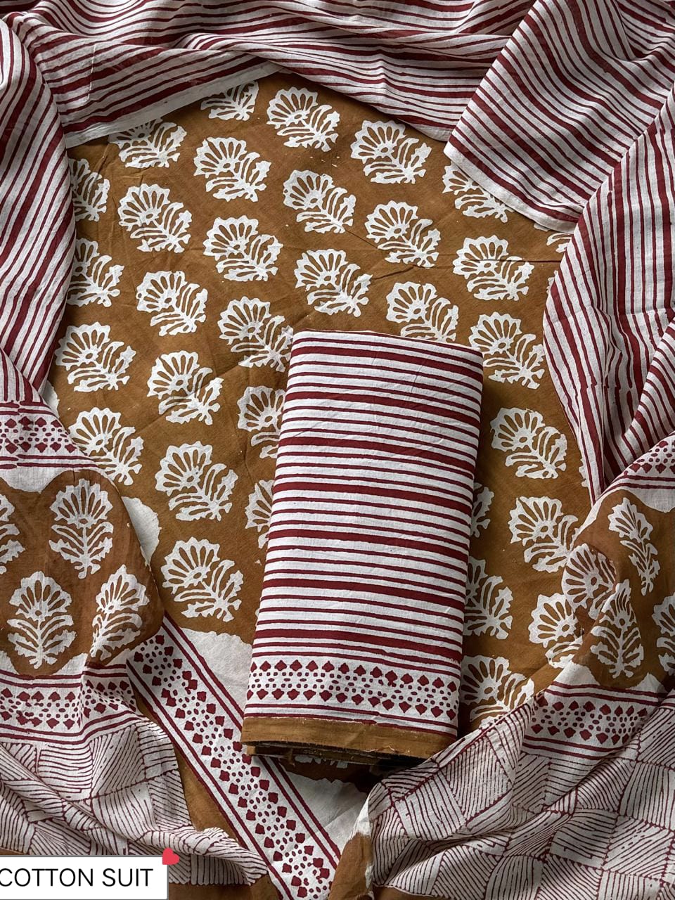 Traditional Hand printed cotton suit with cotton Dupatta