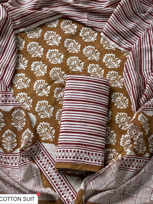 Traditional Hand printed cotton suit with cotton Dupatta