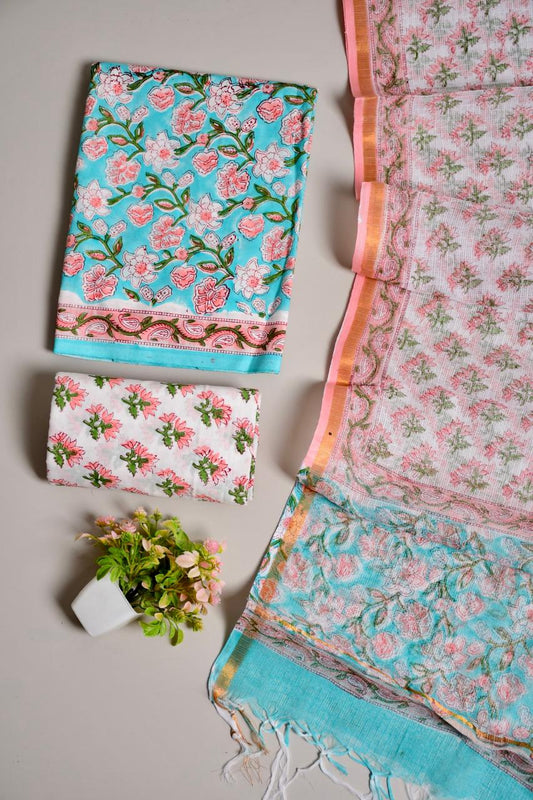 Designer Handblock printed cotton suit with kota doriya dupatta (kota01)