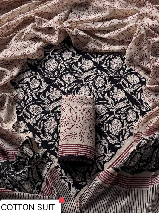 Traditional Hand Printed Cotton Suit With Cotton Dupatta