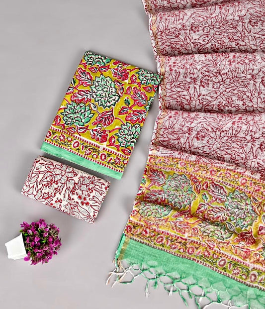 Designer Handblock printed cotton suit with kota doriya dupatta