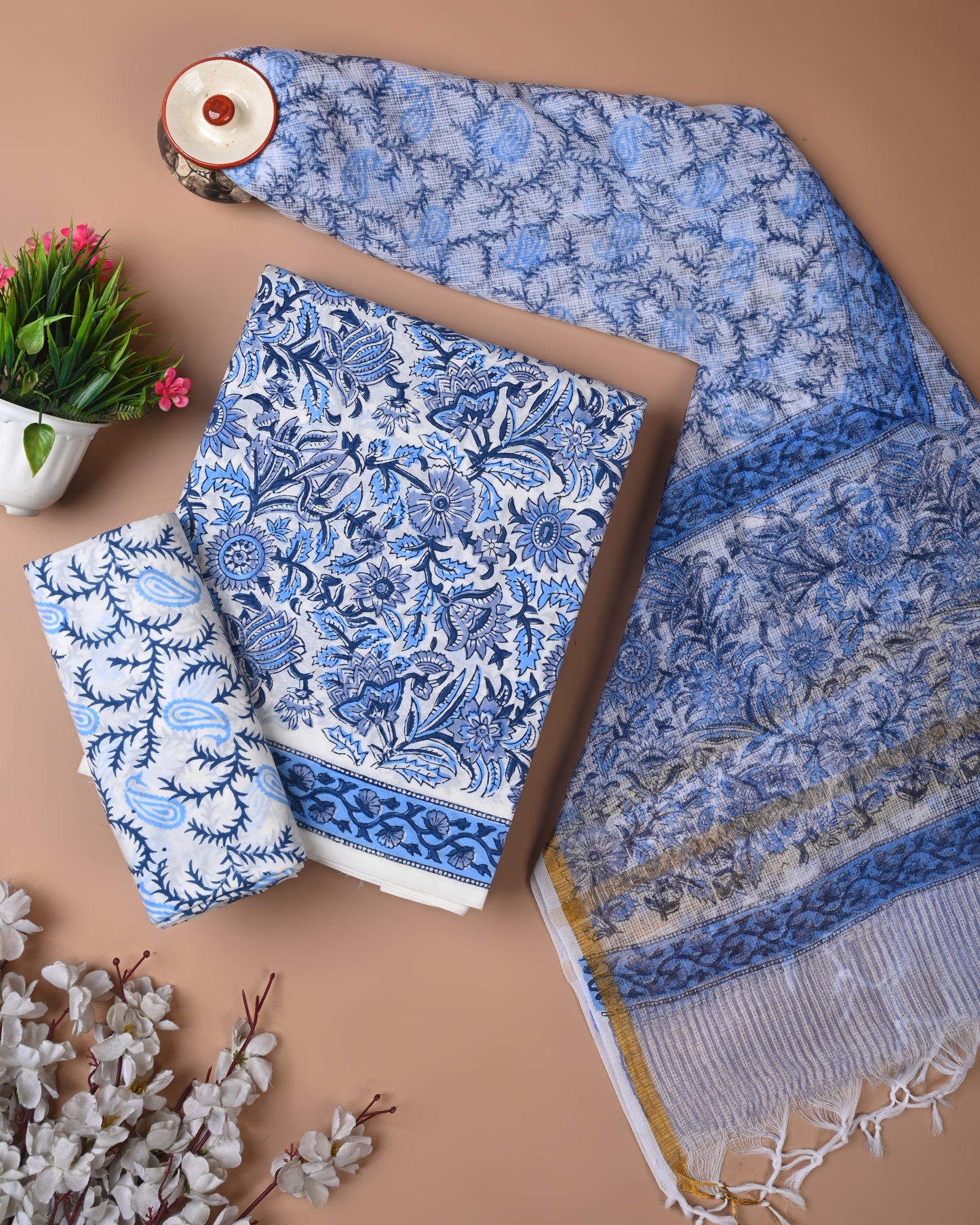 Designer Handblock printed cotton suit with kota doriya dupatta