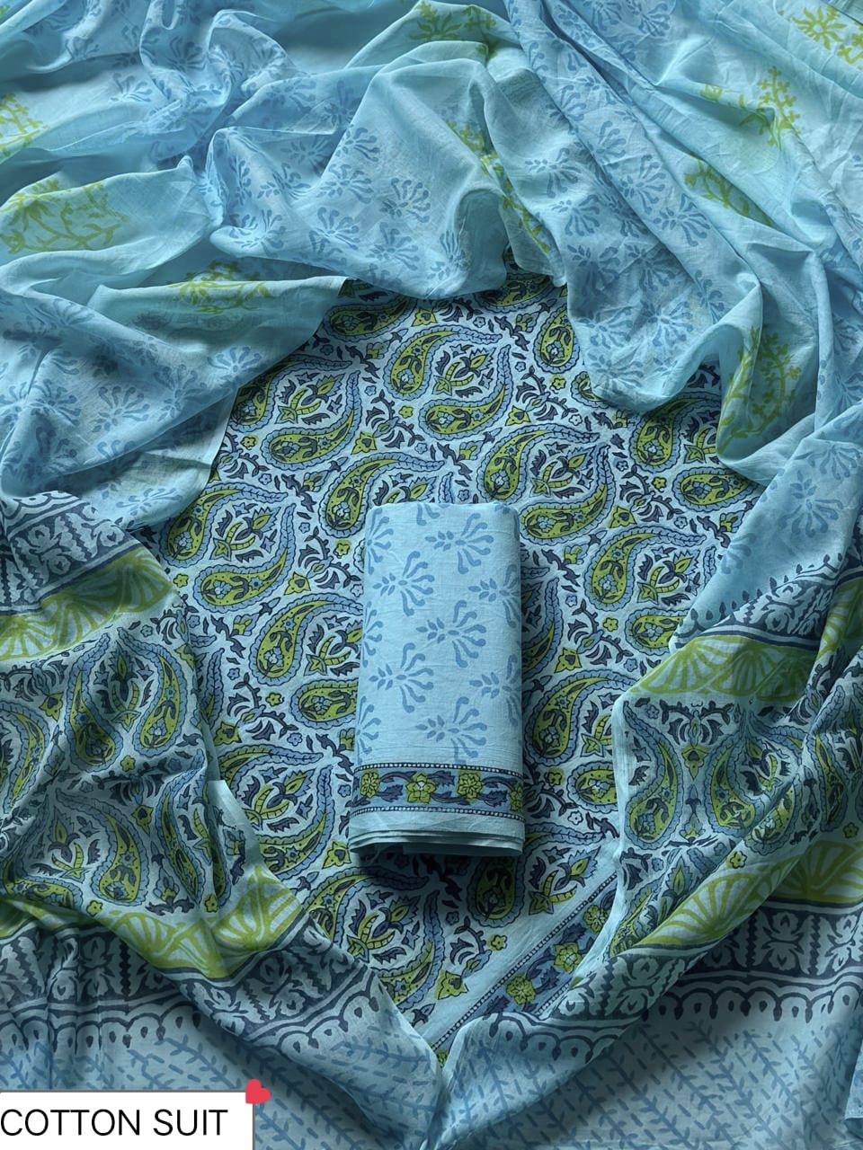 Traditional Hand printed cotton suit with cotton Dupatta