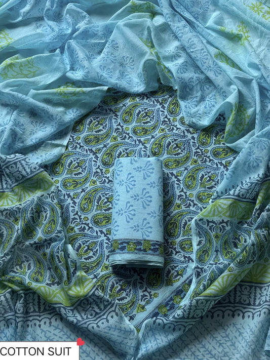 Traditional Hand printed cotton suit with cotton Dupatta