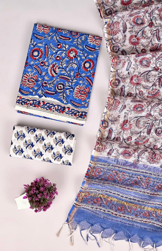 Designer Handblock printed cotton suit with kota doriya dupatta