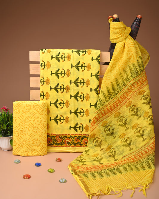 Designer Handblock printed cotton suit with kota doriya dupatta