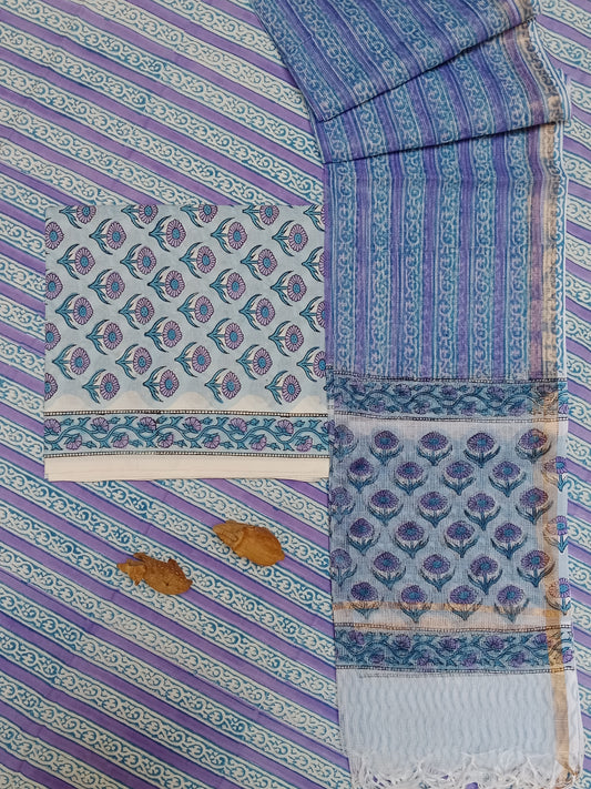 Designer Handblock printed cotton suit with kota doriya dupatta