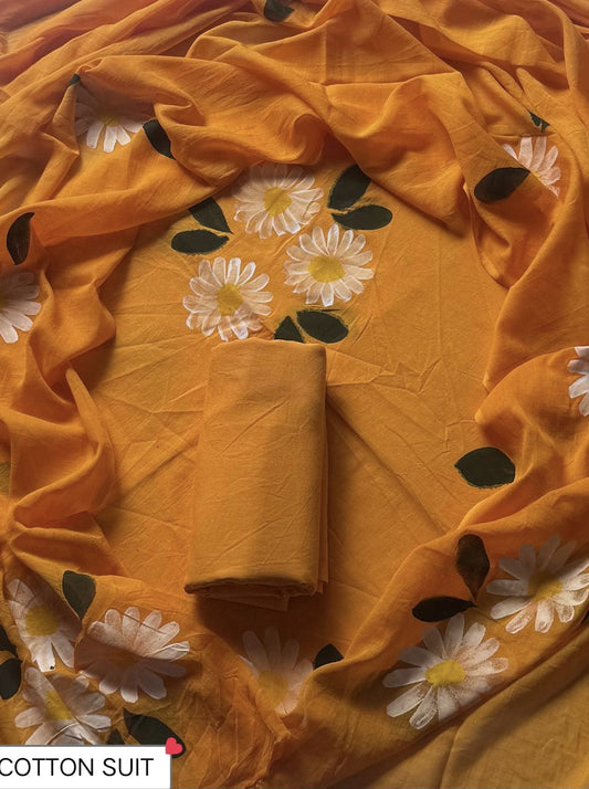 Traditional Hand printed cotton suit with cotton Dupatta