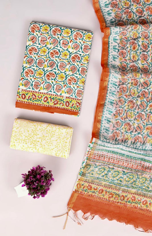 Designer Handblock printed cotton suit with kota doriya dupatta