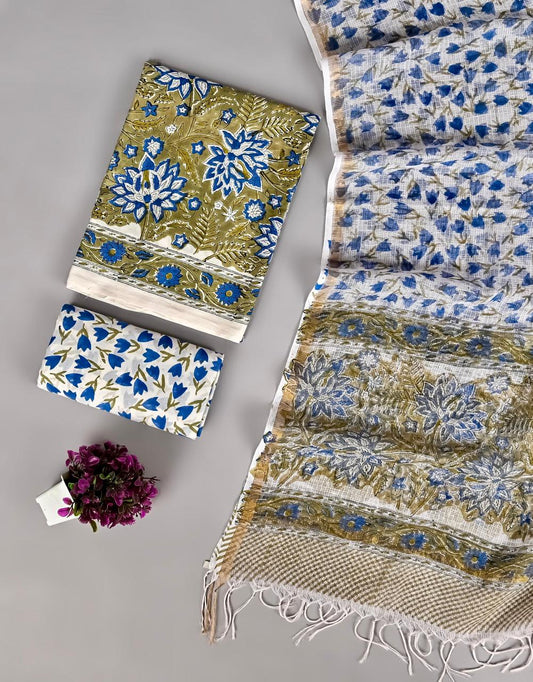 Designer Handblock printed cotton suit with kota doriya dupatta