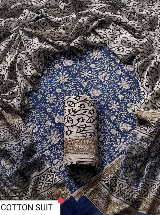 Traditional Hand printed cotton suit with cotton Dupatta