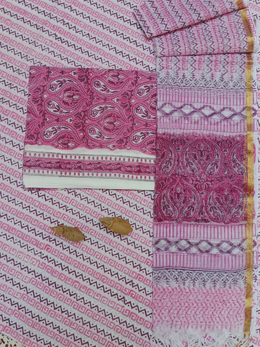 Designer Handblock printed cotton suit with kota doriya dupatta