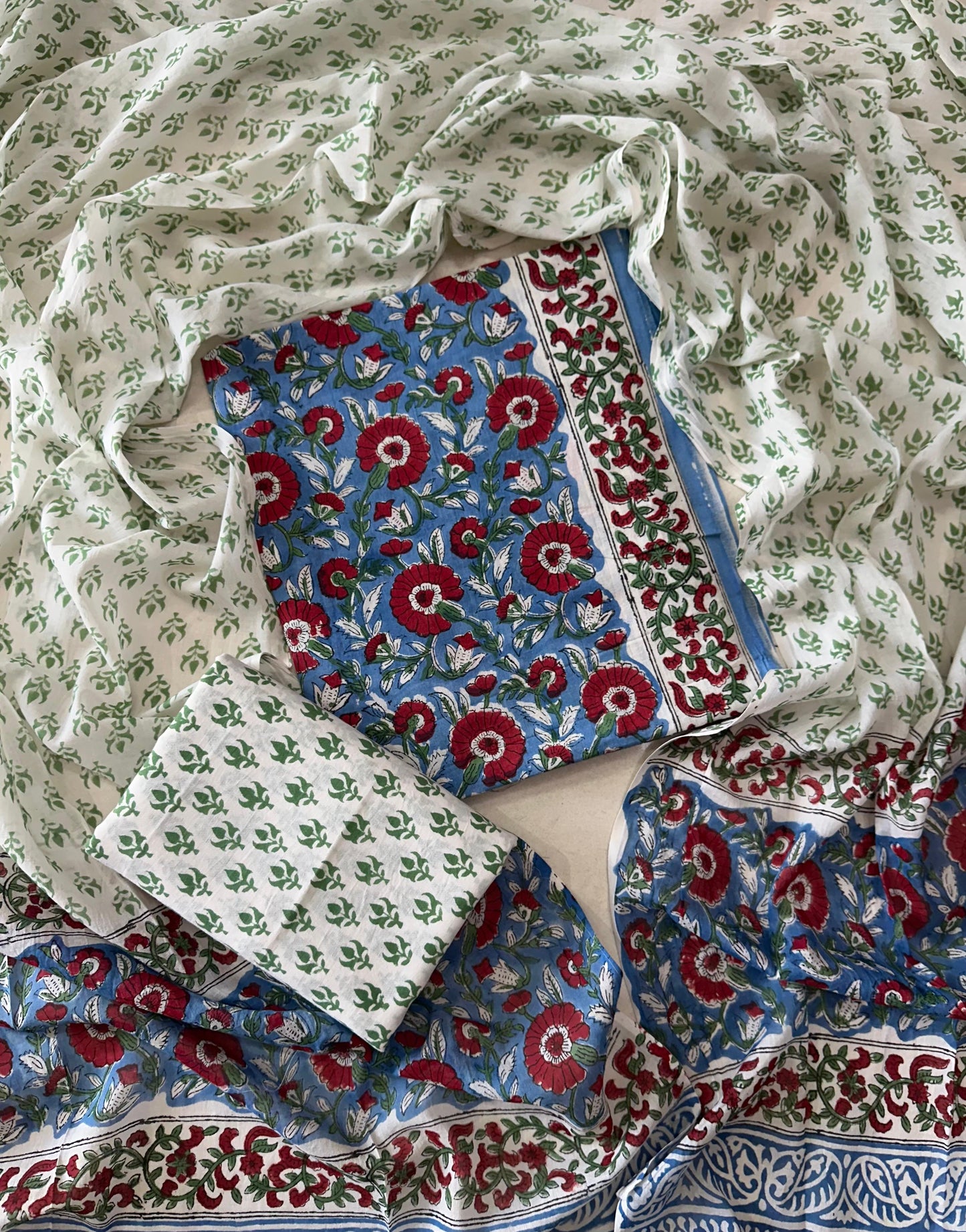 Traditional Hand printed cotton suit with cotton Dupatta