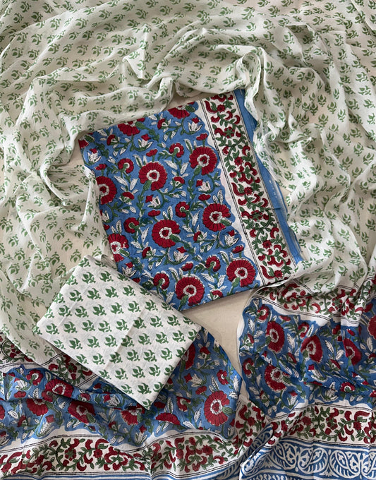 Traditional Hand printed cotton suit with cotton Dupatta