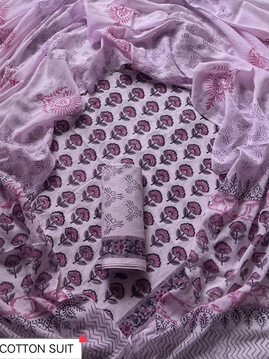 Traditional Hand printed cotton suit with cotton Dupatta