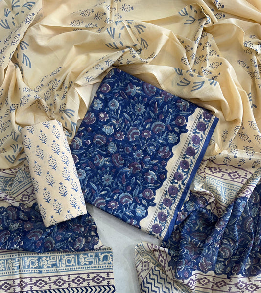 Traditional Hand Printed Cotton Suit With Cotton Dupatta