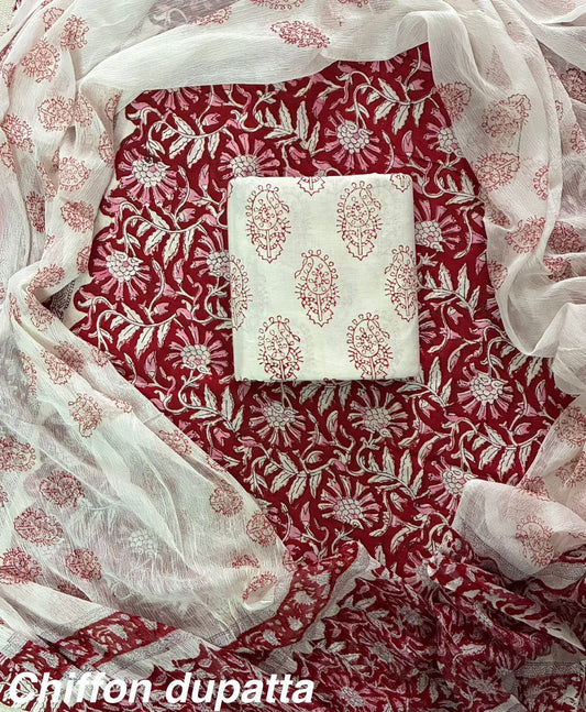 Traditional cotton suit with chiffon dupatta