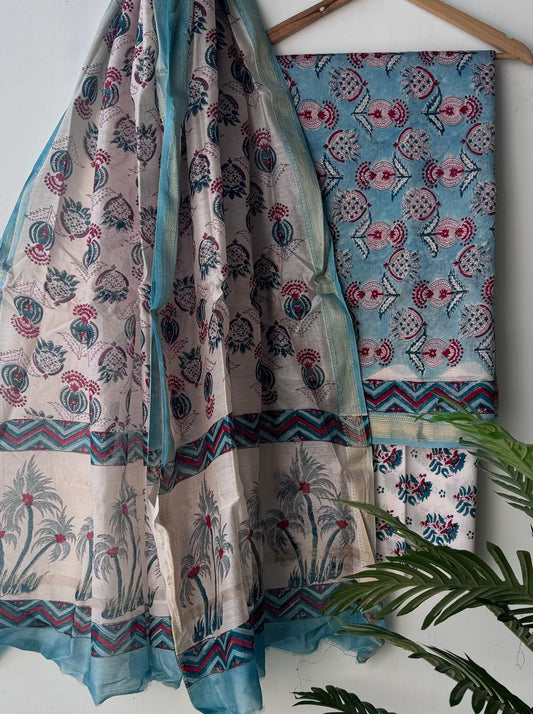 Hand block printed  Maheswari silk suit