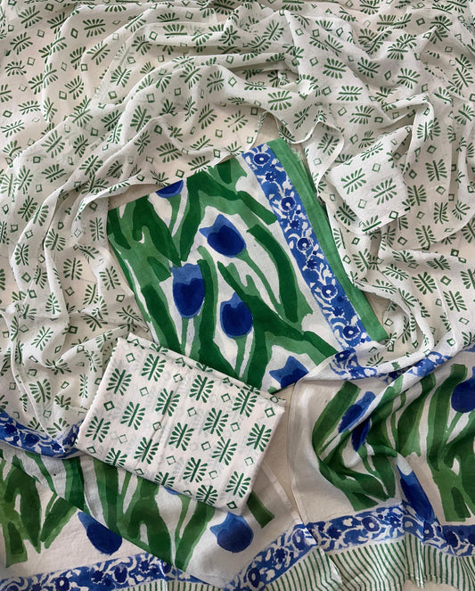 Traditional Hand Printed Cotton Suit With Cotton Dupatta