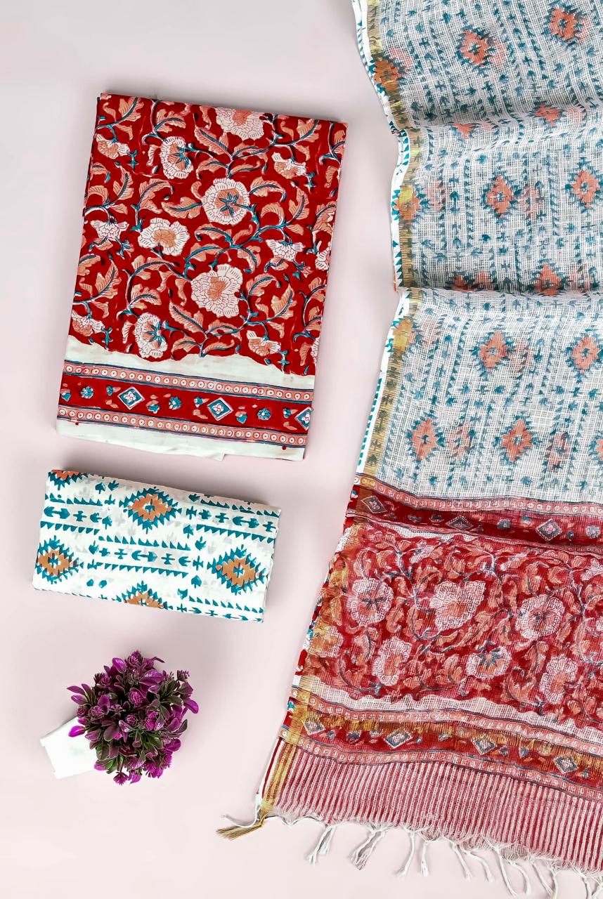 Designer Handblock printed cotton suit with kota doriya dupatta