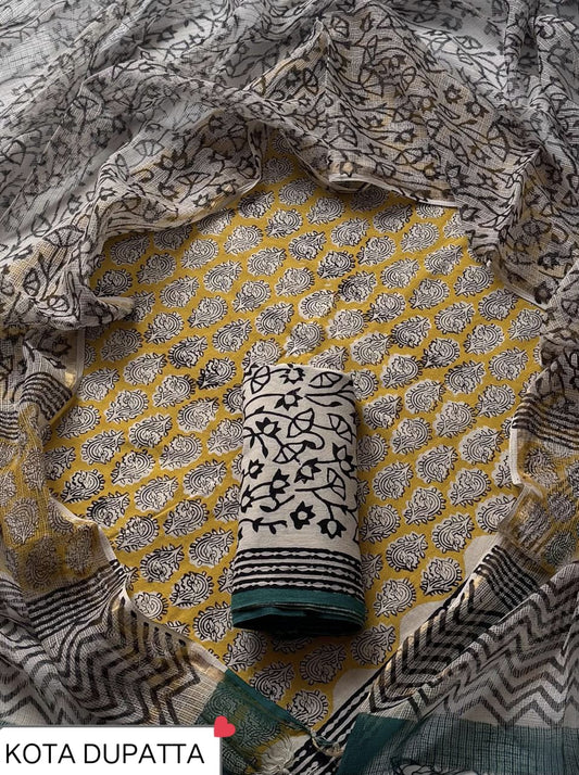 Designer Handblock printed cotton suit with kota doriya dupatta