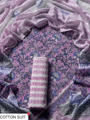 Traditional Hand printed cotton suit with cotton Dupatta